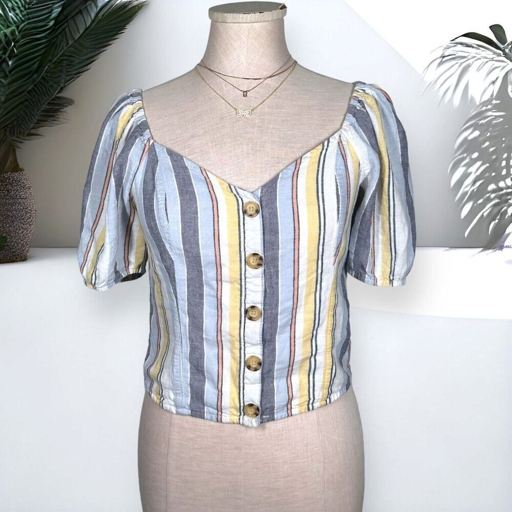 ABERCROMBIE Linen Blend Crop Top Sweetheart Neck Blouse Coquette Striped Smocked